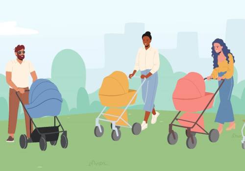 Decoratieve afbeelding: Een getekende afbeelding van 3 ouders met een wandelwagen voor zich