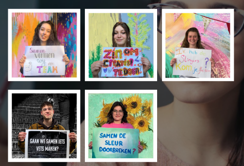 Vier portretten van vrouwen en een van een man