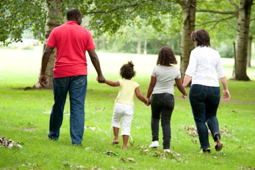 Gezin loopt hand in hand op een grasveld