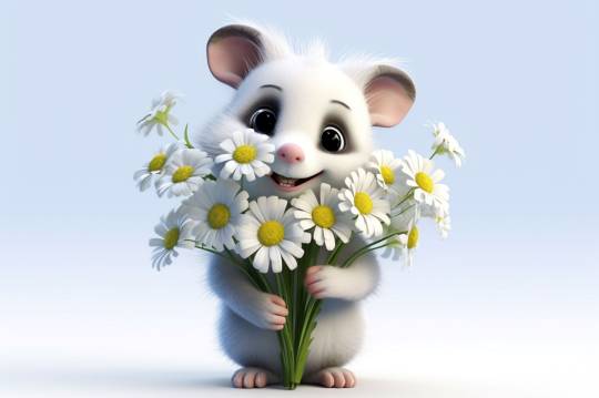 Decoratieve afbeelding: Een plaatje van een muis die een bos bloemen vast heeft.