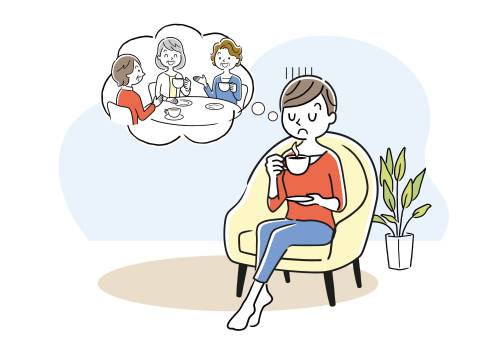 Persoon drinkt alleen koffie; ziet in gedachten anderen dat samen doen