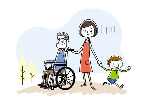 Persoon die huilt, want heeft zorg voor zowel een oudere in rolstoel als een kind