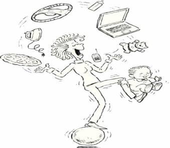 stripfiguur die probeert meerdere voorwerpen in de lucht te houden