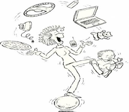 stripfiguur die probeert meerdere voorwerpen in de lucht te houden