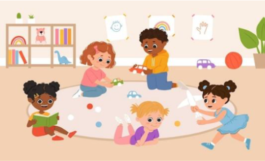 5 kinderen spelen op een kleed
