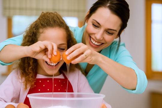 Decoratieve afbeelding: Een foto van een vrouw en meisje die een ei breken boven een bak