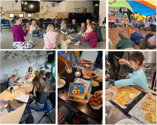 collage van foto's van deelnemende ouders en kinderen bij spelletjes en opvoedactiviteiten