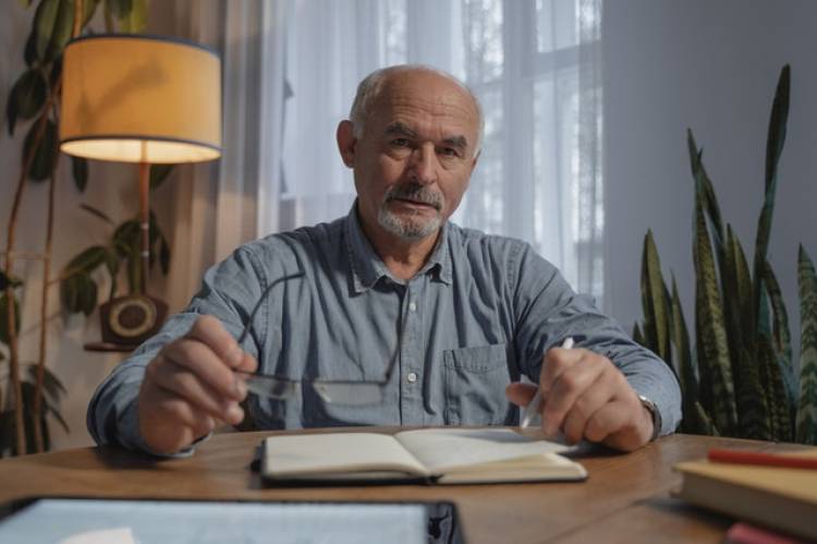 Een oudere man zit aan een bureau met een opschrijfboekje